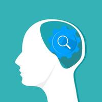 Magnifying glass icon in the human head. Concept of finding information. Vector