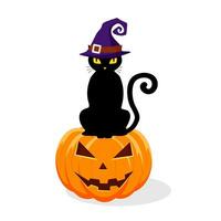 negro gato en un bruja sombrero sentado en un Víspera de Todos los Santos calabaza. vector ilustración