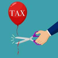 Businessmen use scissors to cut tax balloons. Business idea vector