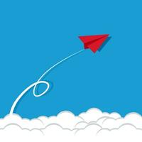 red paper airplane with start point. on white clouds on blue air background. Clear sky travel background vector