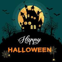 Halloween greeting card. castle near cemetery.  flying bats and moon. vector