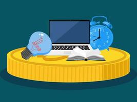 Watches, books, light bulbs and laptops are on silver coins. The way to find knowledge using time and ideas can make money vector