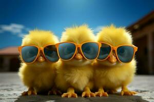 AI generated Tiny trendsetter Chick with sunglasses, happy, small, spring farm animal photo