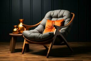 ai generado acogedor retirada sillón, suave almohada, de madera diseño para cómodo vivo foto