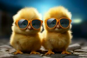 AI generated Tiny trendsetter Chick with sunglasses, happy, small, spring farm animal photo