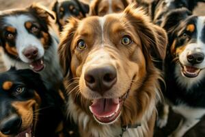 ai generado perrito instantánea un selfie presentando un animado grupo de perros foto