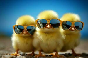 AI generated Happy chick Yellow poultry wearing sunglasses, small baby bird in spring photo
