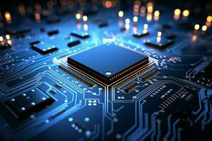 AI generated Futuristic tech Circuit board background in blue, 3D rendering photo