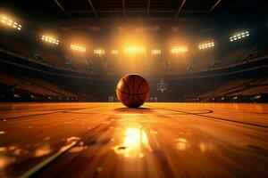 ai generado arena atmósfera baloncesto juego con naranja Corte y competitivo espíritu foto