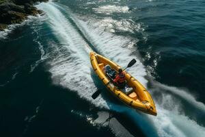 ai generado kayac aventuras aéreo ver de mar slalom con lancha rápida Guia foto