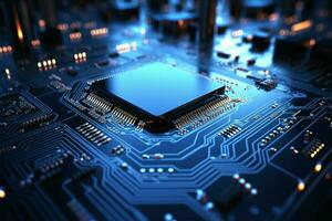 AI generated Futuristic tech Circuit board background in blue, 3D rendering photo