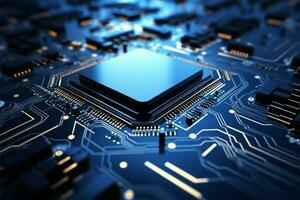 AI generated Futuristic tech Circuit board background in blue, 3D rendering photo