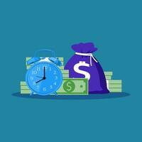 A clock in a pile of stacked money. Time is money concept. Money saving vector