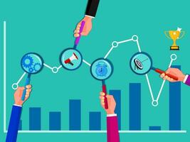 Magnifying glass and graphs. The concept of business people analyzing the graph of the system in doing business vector