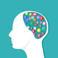 Communication icons in the human head. The brain concept full of information vector