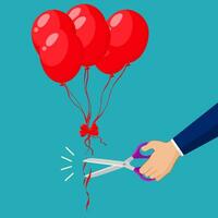 Hand cutting balloon string with scissors. Flat style vector illustration