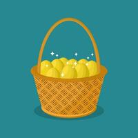 Golden eggs in wicker basket flat icon. vector illustration