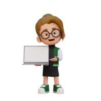 3D girl Character Holding and Presenting to a Laptop with Empty Screen png