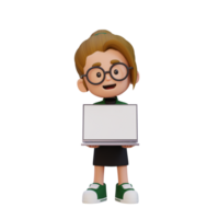 3d niña personaje participación y presentación a un ordenador portátil con vacío pantalla png