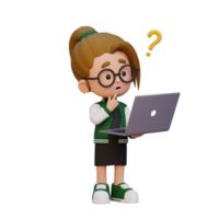 3D cute girl character confused on a laptop png