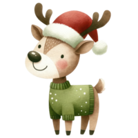 AI generated Watercolor cute Reindeer wearing a santa claus hat isolated png