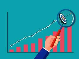 A goal in a magnifying glass and a growth graph. Goal-based growth concept vector