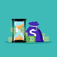 Hourglass and a pile of money. The concept of time and money. Vector illustration