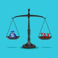 Money bags and taxes on the scales. The concept of taxed money vector