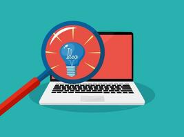 A light bulb in a magnifying glass and a laptop. Concept works and creates creative ideas vector