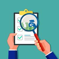 Stacks of money in a magnifying glass and paper for business documents. Analysis of financial documents vector