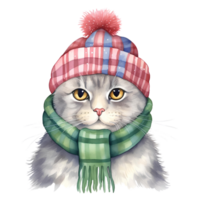 AI generated Watercolor cat with scarf in winter for Christmas festival png