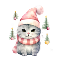 ai gegenereerd waterverf kat met sjaal in winter voor Kerstmis festival png