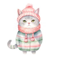 AI generated Watercolor cat with scarf in winter for Christmas festival png