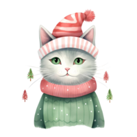 AI generated Watercolor cat with scarf in winter for Christmas festival png