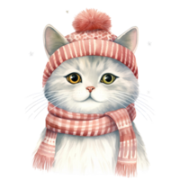 AI generated Watercolor cat with scarf in winter for Christmas festival png