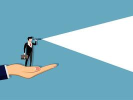 Business vision concept. businessman standing on hand. using telescope to look into the distance vector