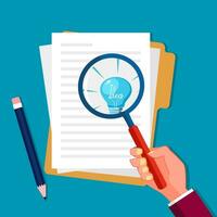 A light bulb in a magnifying glass and paper for business documents. Document analysis with clarity vector