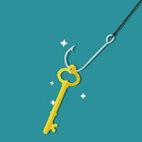 Fishing rod with key. The concept of a key trap. Vector illustration