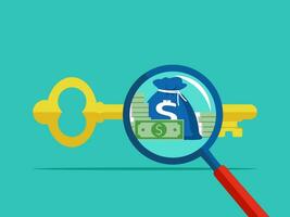 Magnifying glass and keys. The concept of the keys to success makes money vector