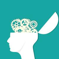 lluvia de ideas proceso concepto. humano cabeza con engranaje cerebro. vector ilustración