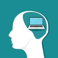 A laptop in the human head. Think about work or technology. Vector image