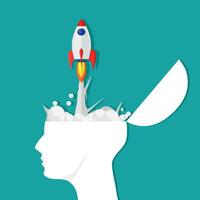 The human head has a rocket coming out of the inside of the brain. Spark startup ideas vector