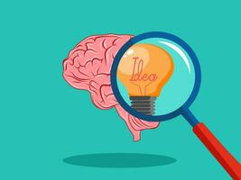 The light bulb in the magnifying glass and the human brain. Brain born an idea vector