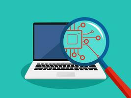 Processing circuit in a magnifying glass and a laptop. Computer processing vector