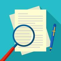 Business documents and magnifying glass. Business document analysis and review vector