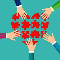 hands of different people connect the heart of the puzzle. Vector illustration