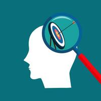 Human head with arrow on target. Think of your goals. Vector illustration