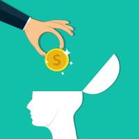 The hand placed a coin on the human head. Wage concept. Vector illustration