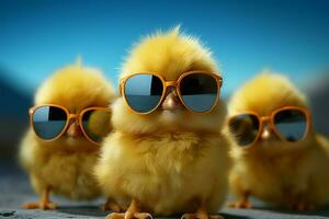 AI generated Spring style Yellow chick in sunglasses, small, happy, farm baby photo