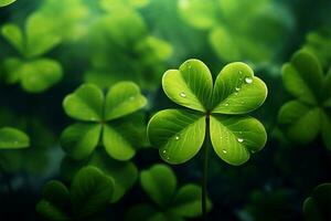 AI generated Clover celebration St Patricks Day background adorned with clover leaves photo